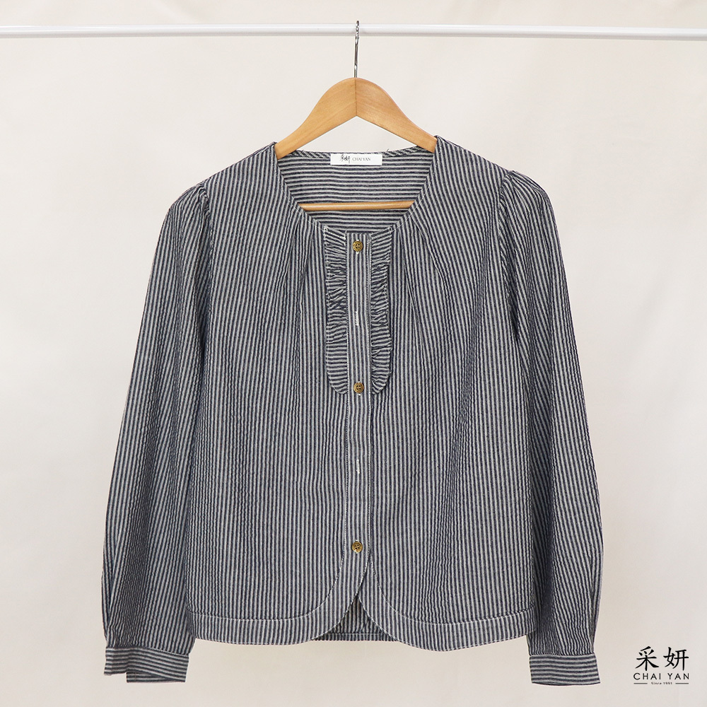 條紋荷葉邊抓皺圓領長袖襯衫上衣