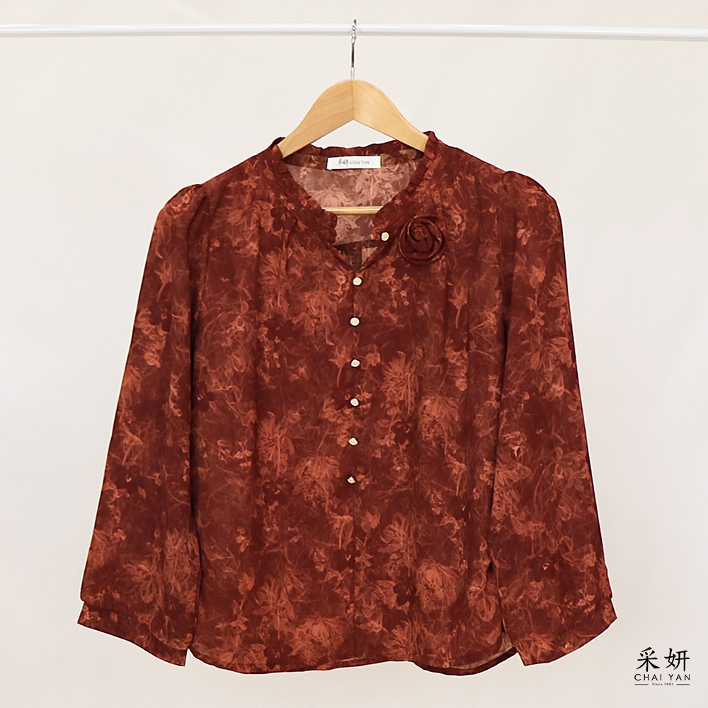 渲染玫瑰雪紡荷葉圓領長袖上衣