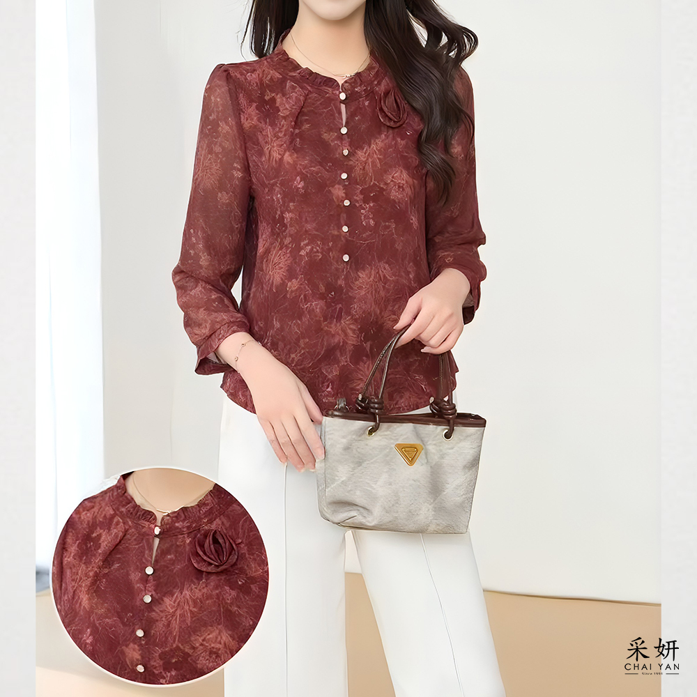 渲染玫瑰雪紡荷葉圓領長袖上衣