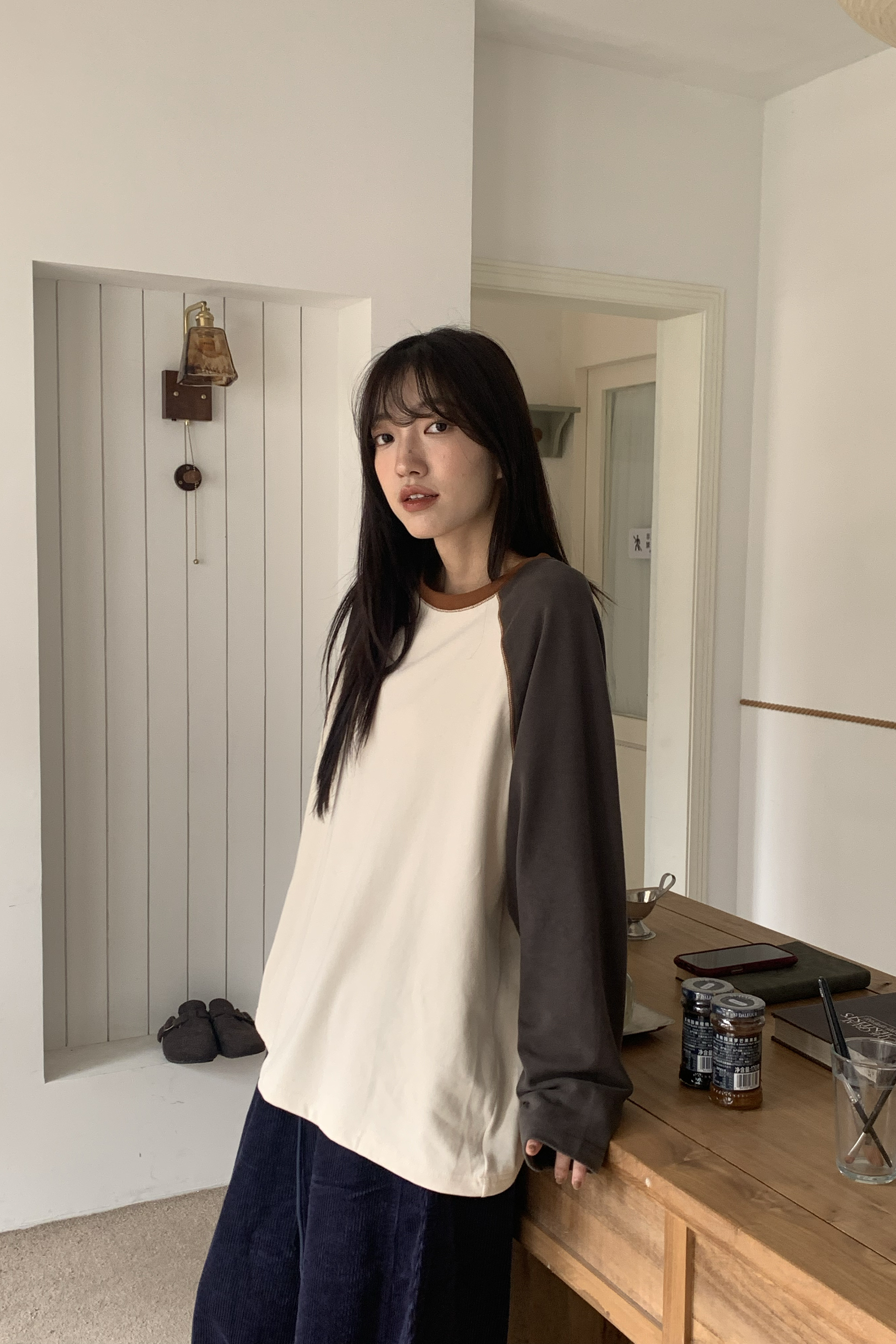 圓領拼色肩連袖薄長t 3色