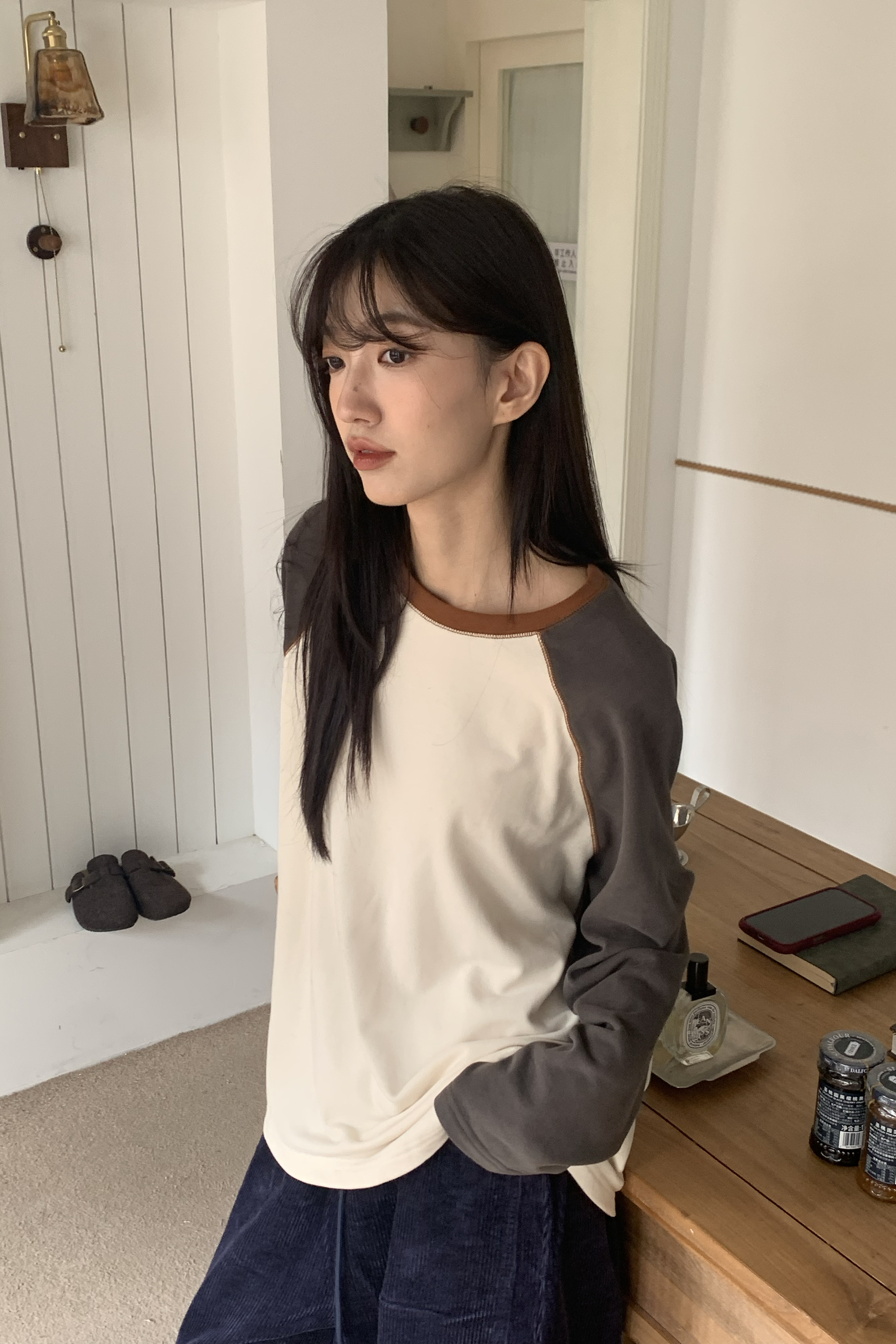 圓領拼色肩連袖薄長t 3色