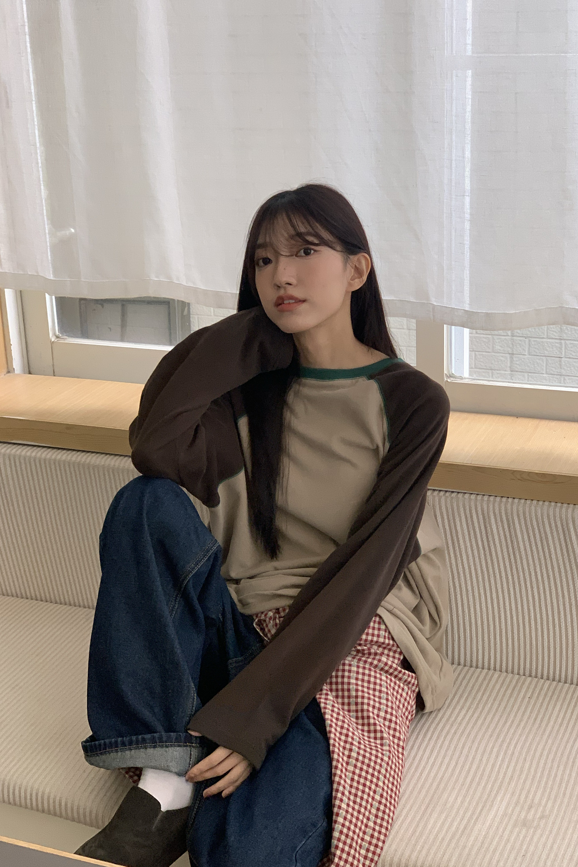 圓領拼色肩連袖薄長t 3色