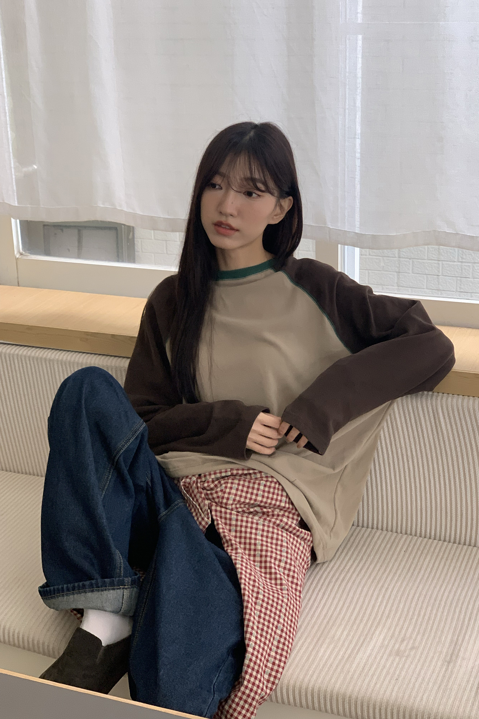 圓領拼色肩連袖薄長t 3色