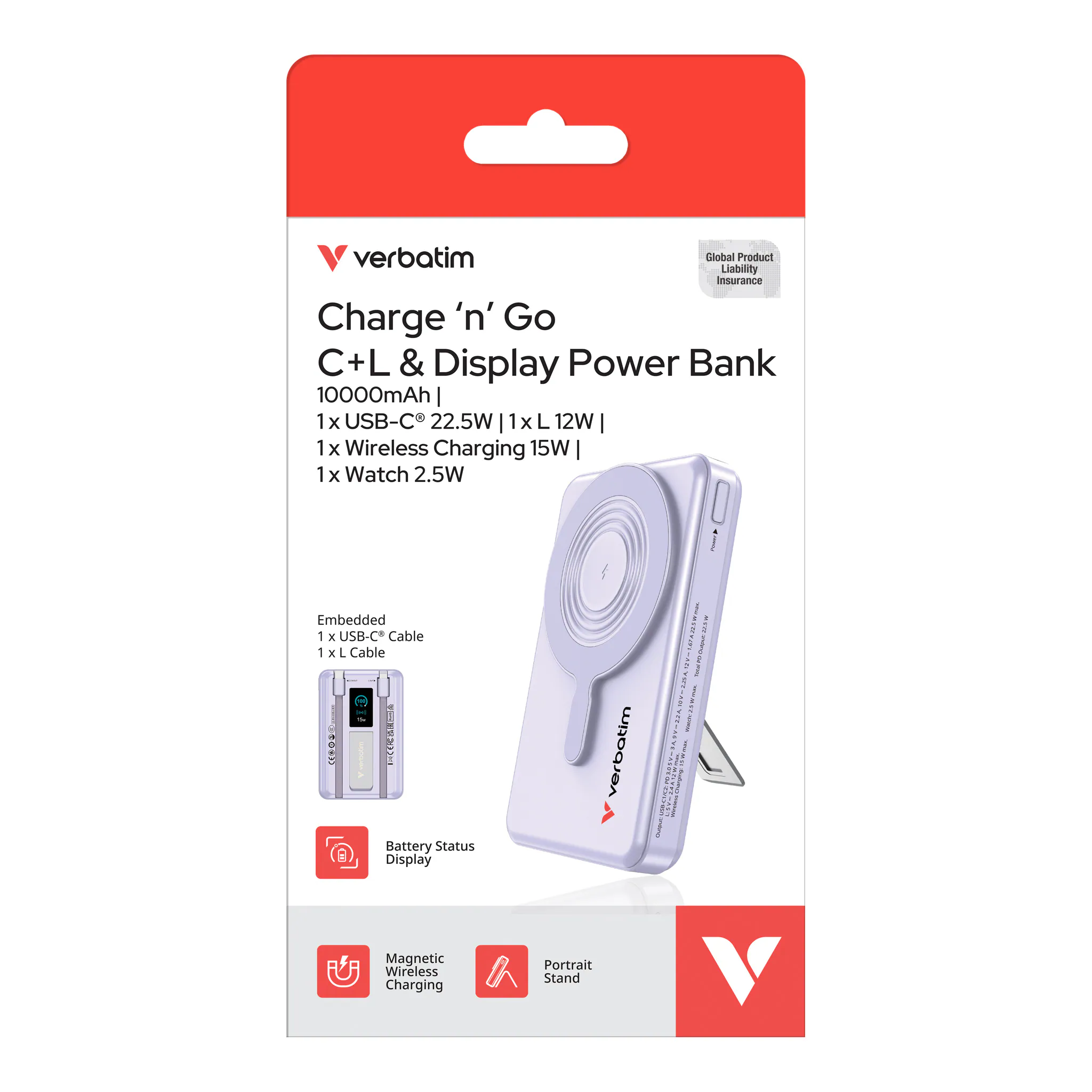 Verbatim Charge ‘n’ Go 10000mAh C+L 及LED螢幕 流動充電池 32280 / 32281