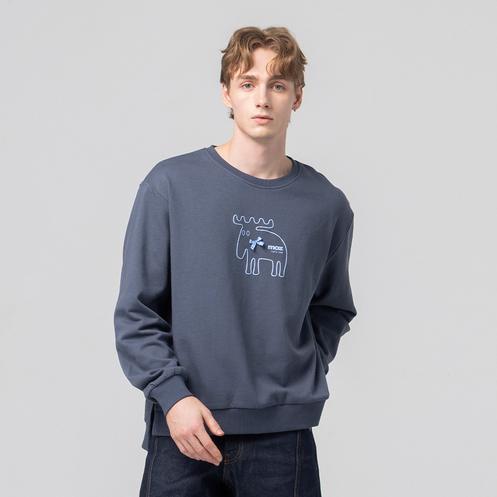 立體發泡 領結駝鹿 100%純棉 大學T-霧灰藍(亞洲版) 開衩 男款