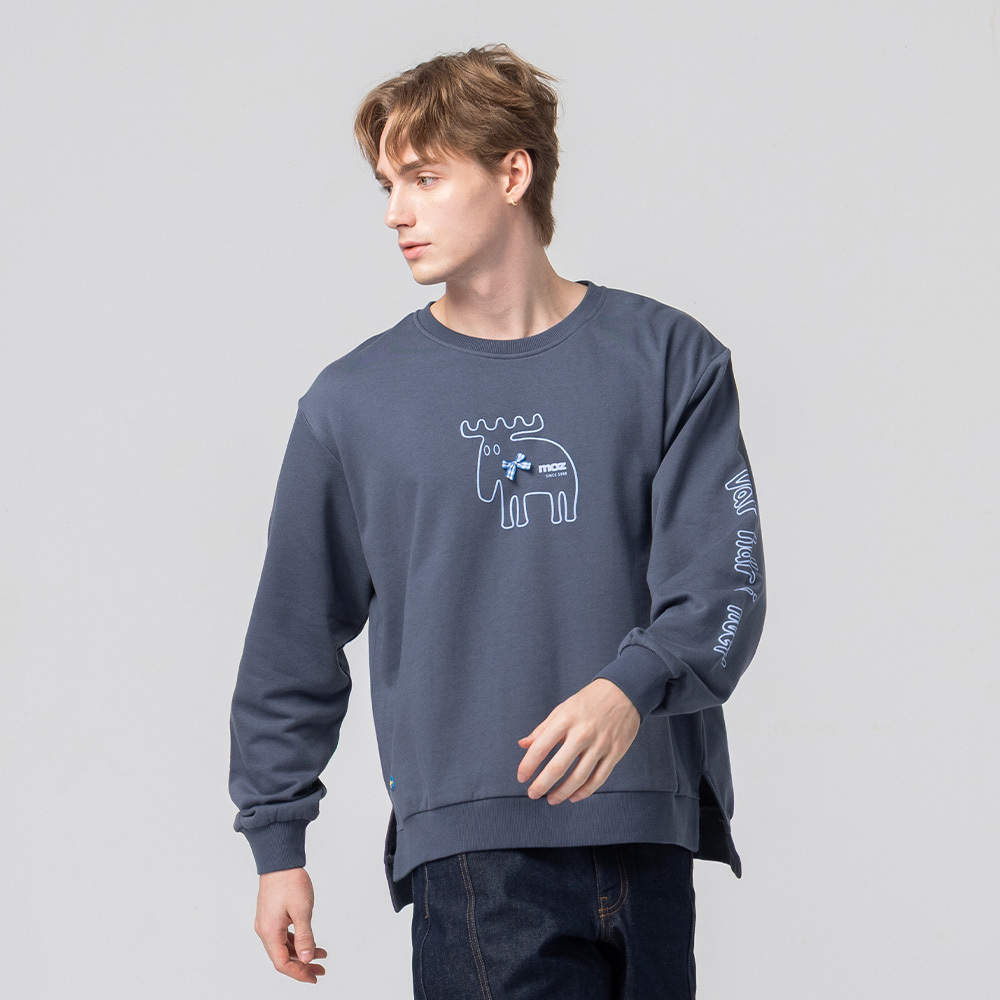 立體發泡 領結駝鹿 100%純棉 大學T-霧灰藍(亞洲版) 開衩 男款