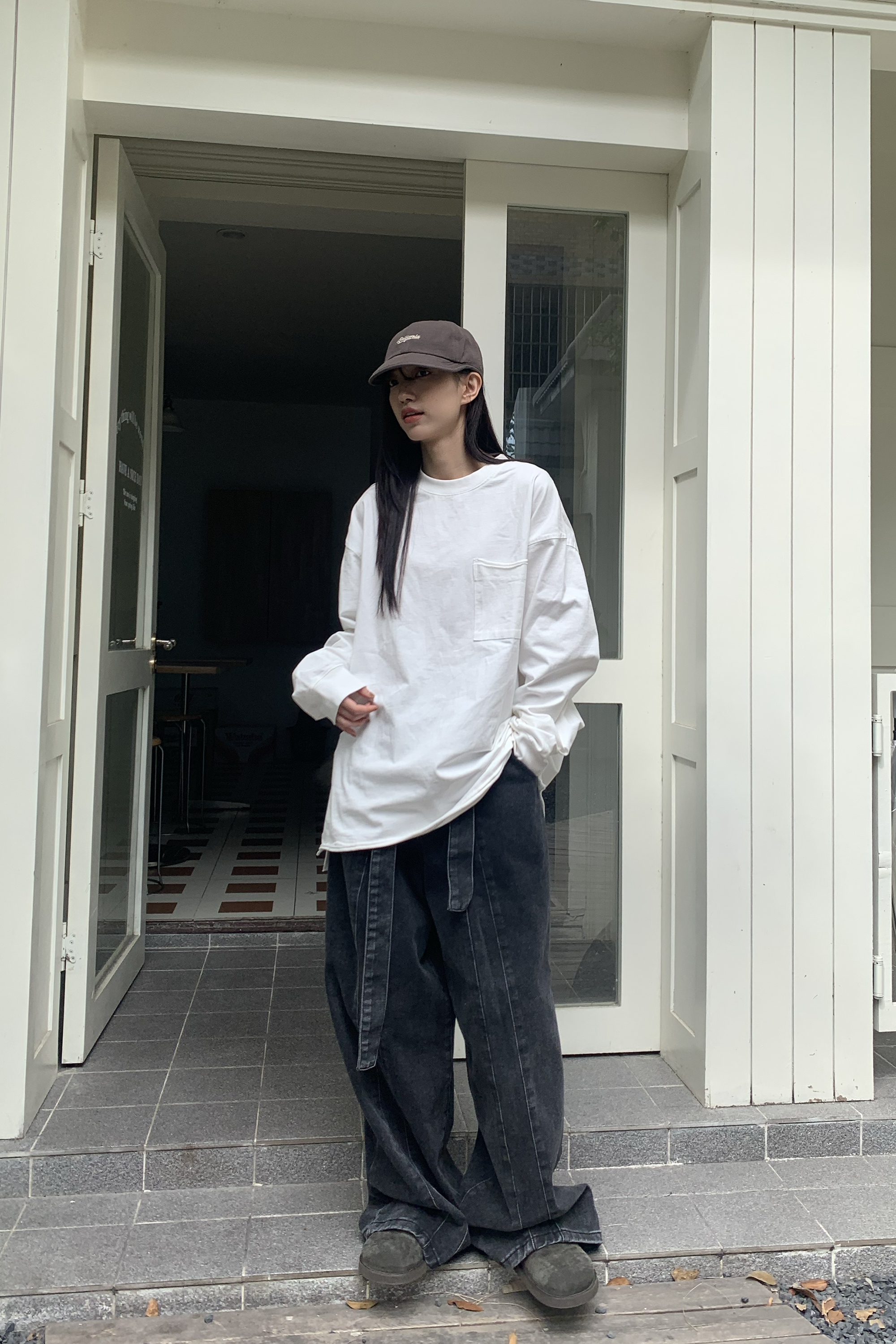 寬鬆小卷邊素面長袖t 2色