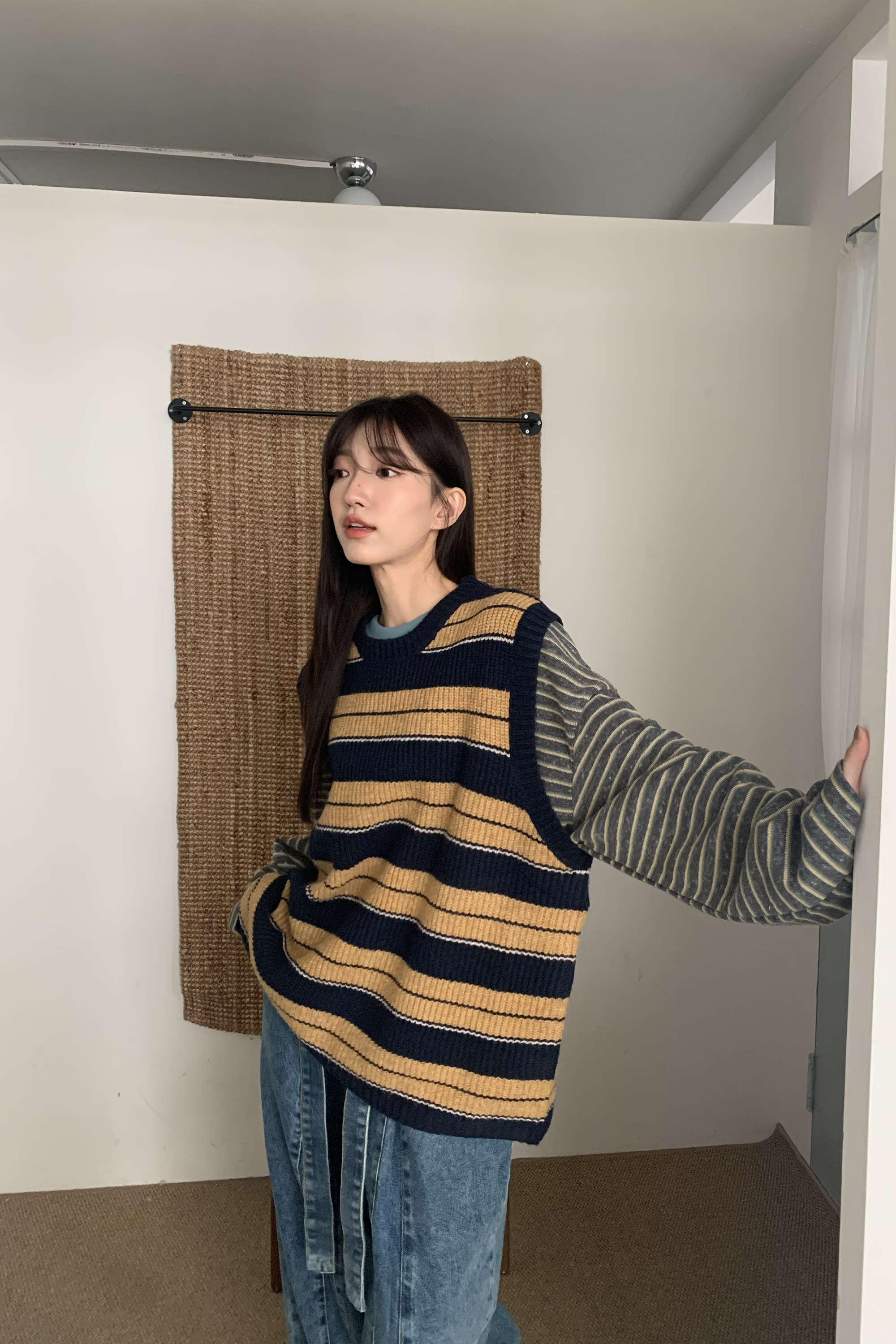 撞色粗條紋針織背心 3色