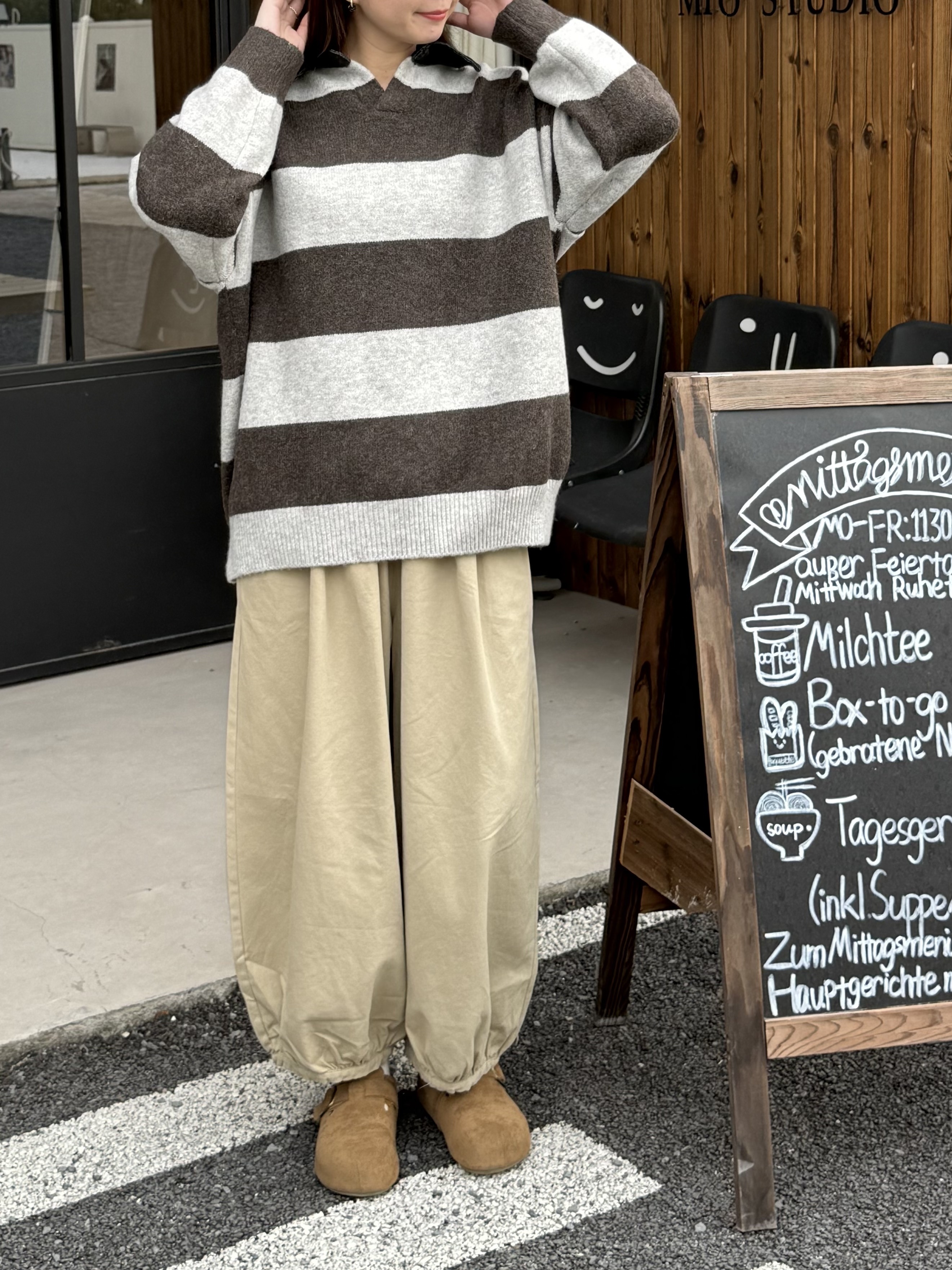 牛仔領寬鬆橫條毛衣