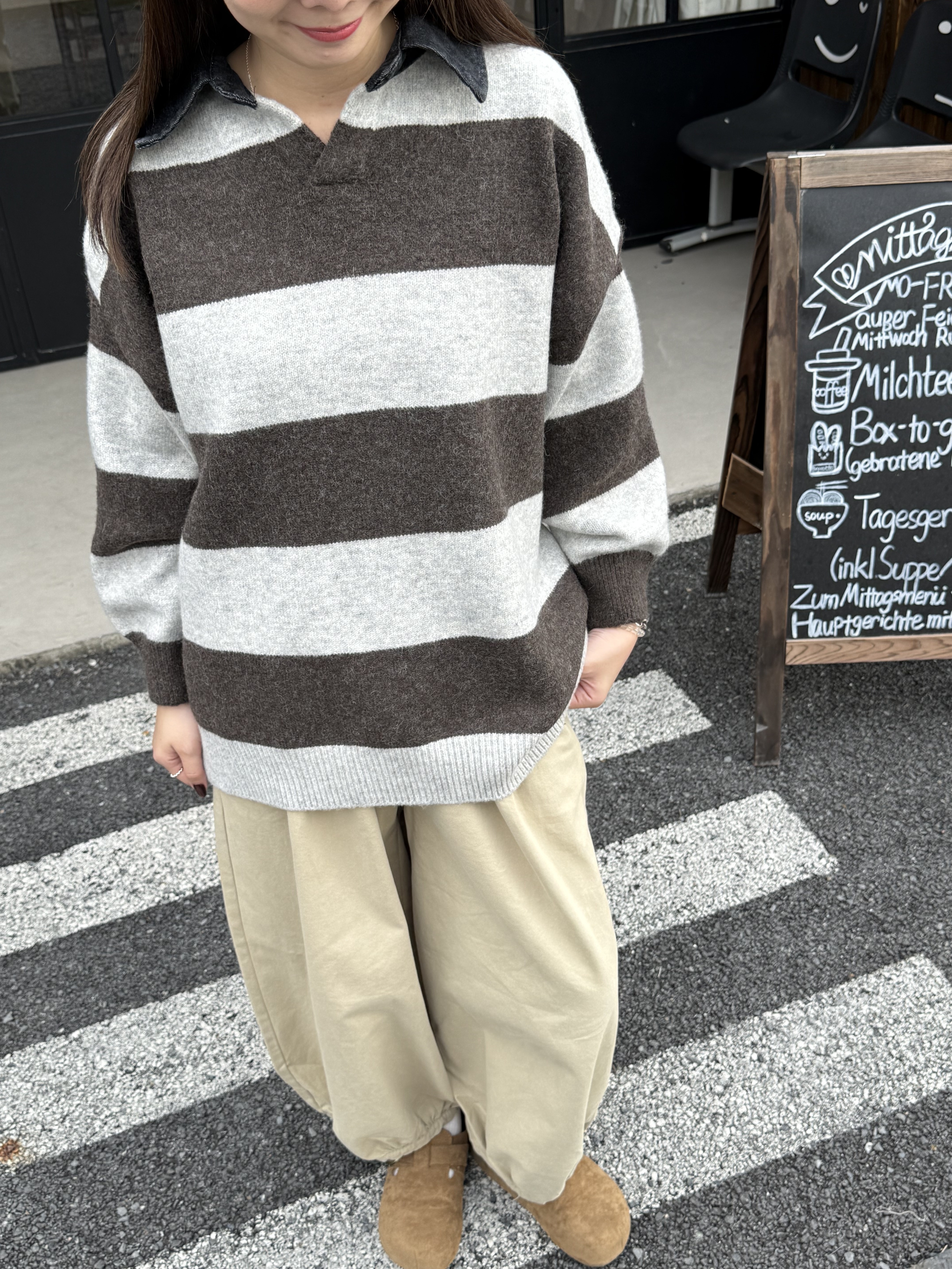 牛仔領寬鬆橫條毛衣