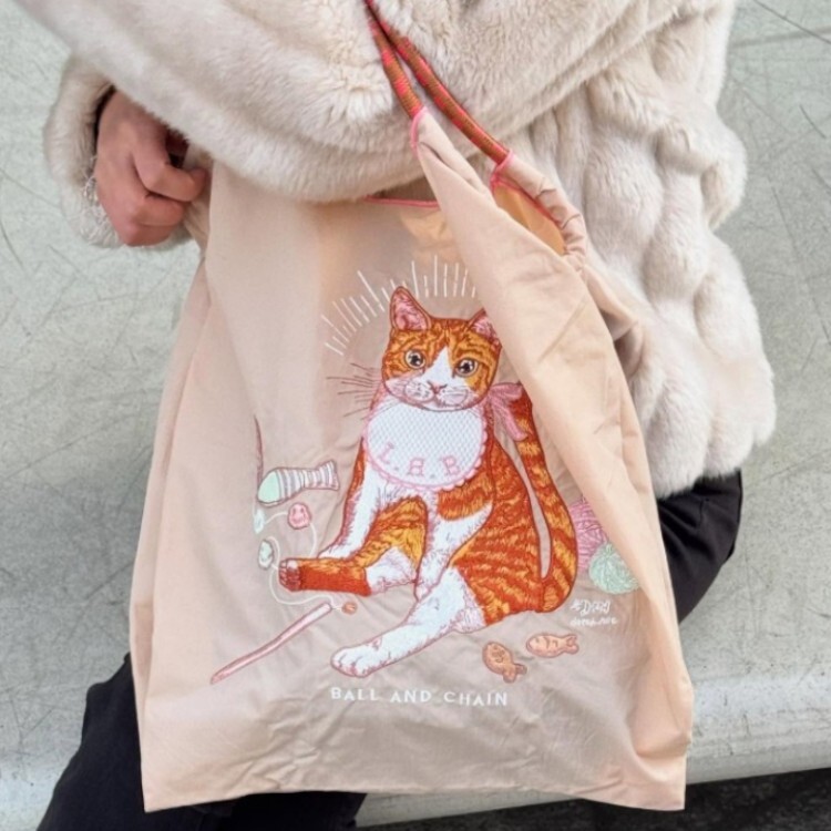 Ball＆Chain 刺繡環保購物袋 M號 - 卡其 (31301521)