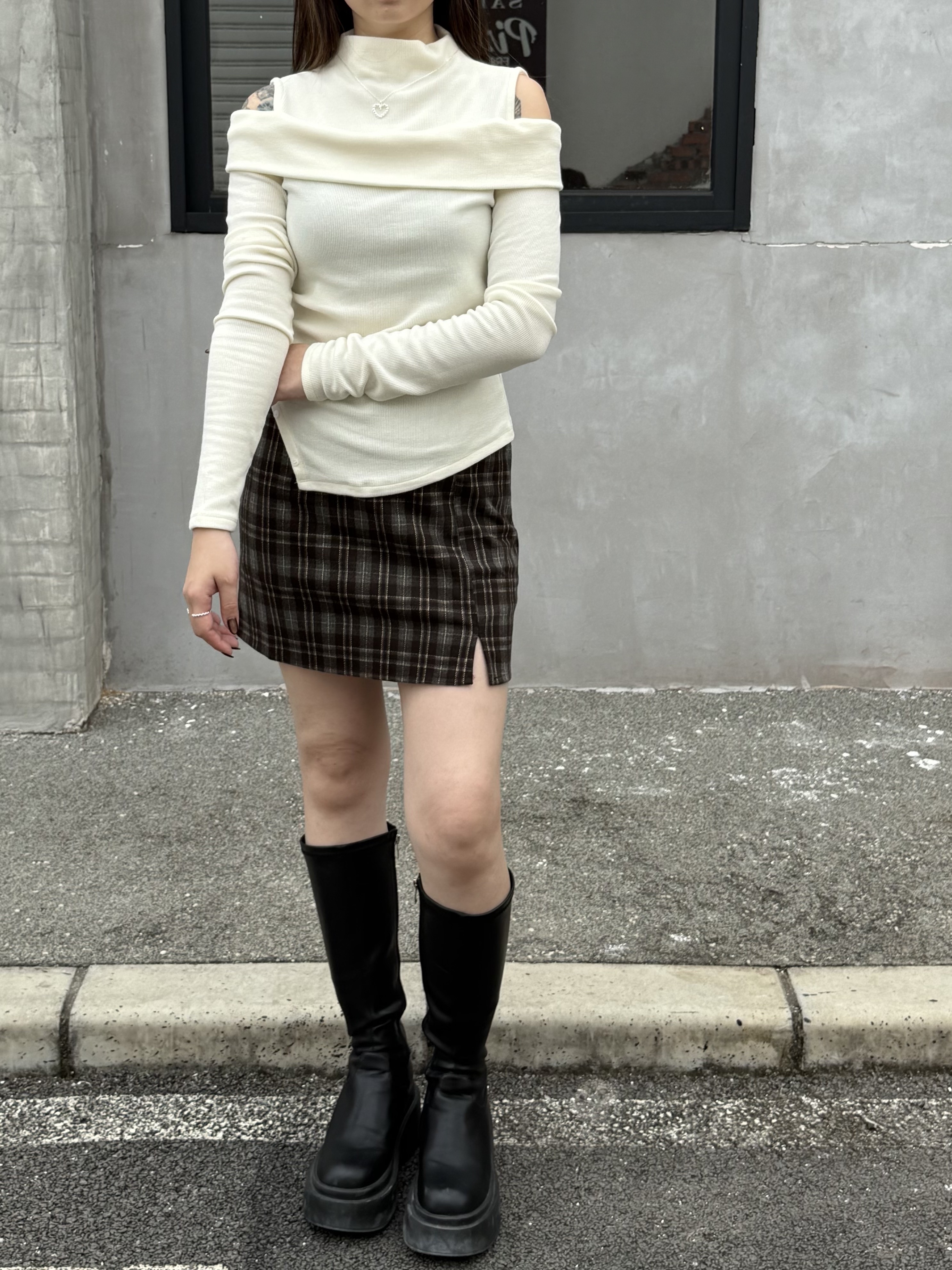 後鬆緊復古格子短裙