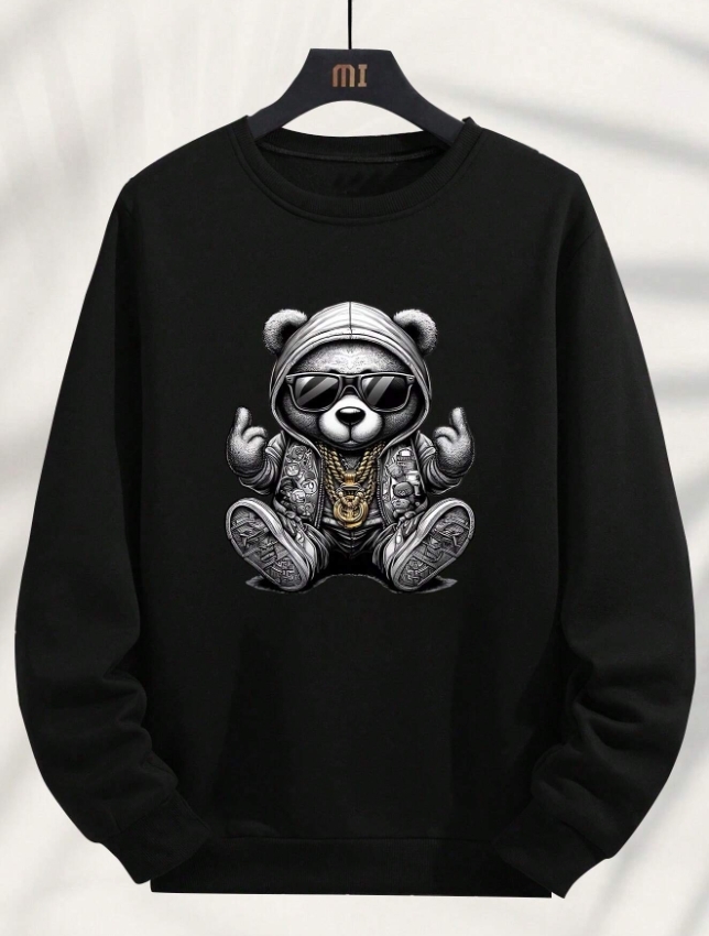 KADMAX大尺碼-秋冬長袖可愛熊印花大學TEE〈KSMS2616〉