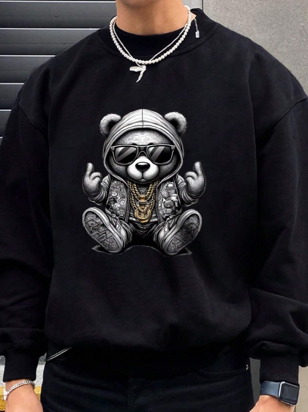 KADMAX大尺碼-秋冬長袖可愛熊印花大學TEE〈KSMS2616〉