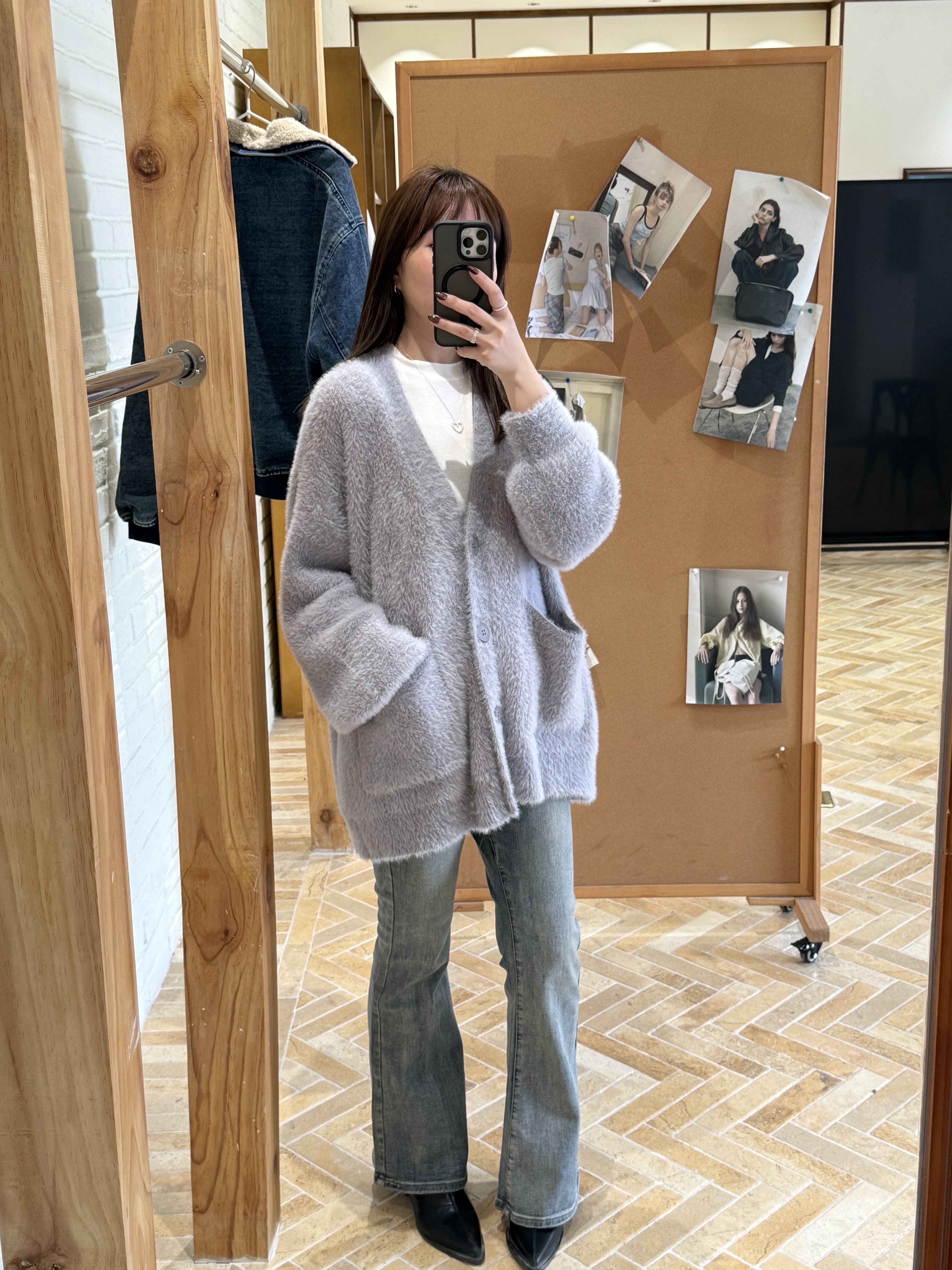 寬鬆V領水貂毛排釦外套