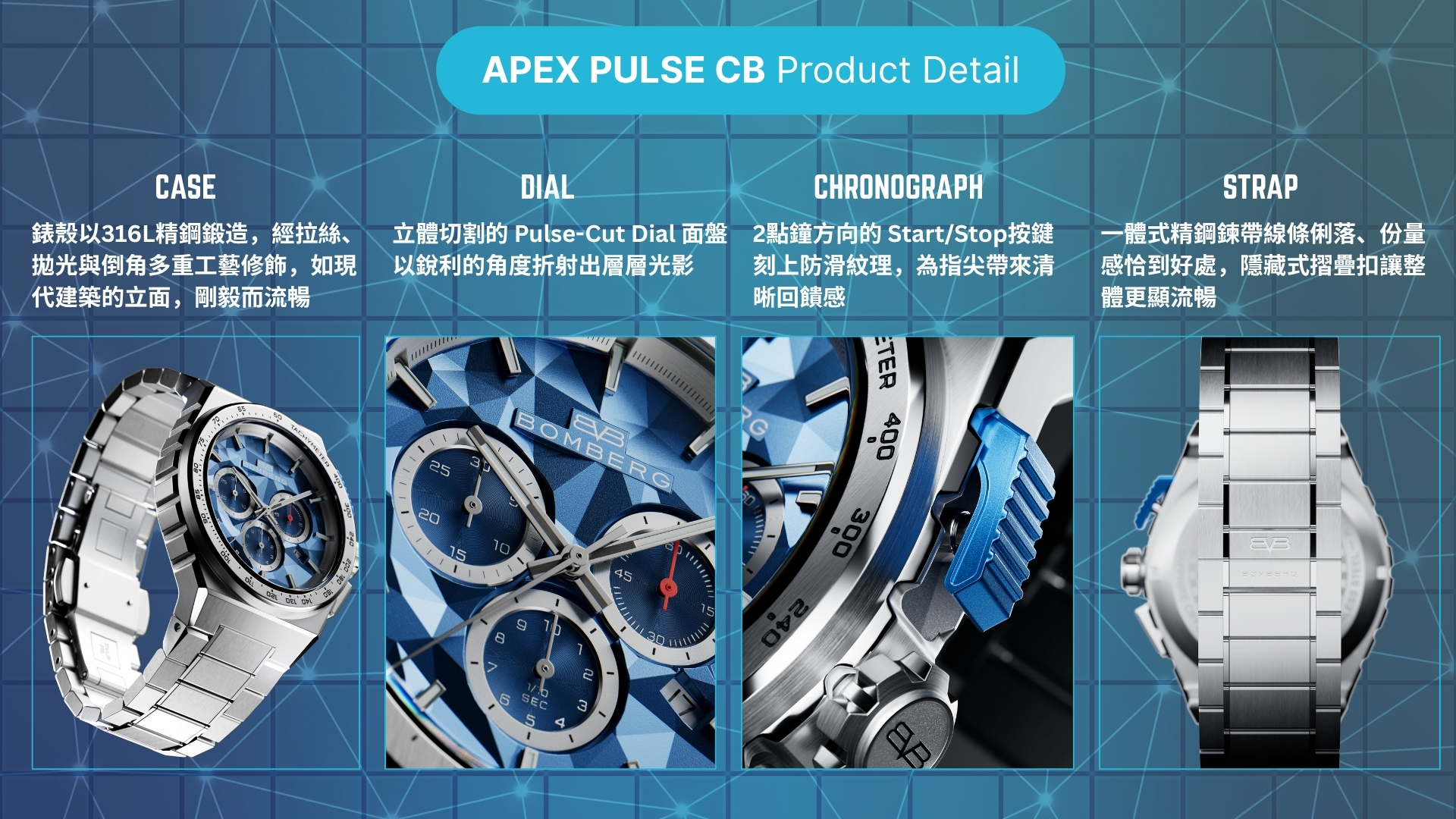 Bomberg, 炸彈錶,APEX 系列, APEX Pulse CB, 脈衝藍計時碼錶,賽車計時碼錶,NT42CHSS.02-3.12,一體式不鏽鋼鍊帶,Pulse-Cut Dial,立體切割面盤