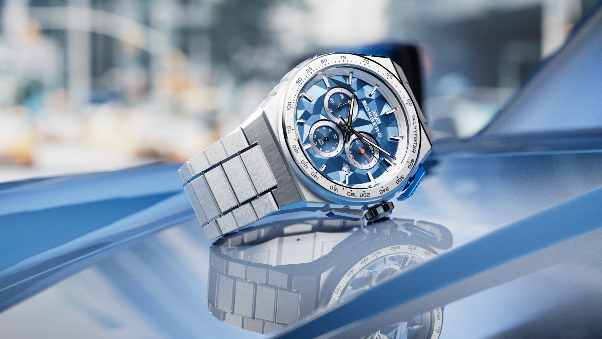 Bomberg, 炸彈錶,APEX 系列, APEX Pulse CB, 脈衝藍計時碼錶,賽車計時碼錶,NT42CHSS.02-3.12,一體式不鏽鋼鍊帶,Pulse-Cut Dial,立體切割面盤