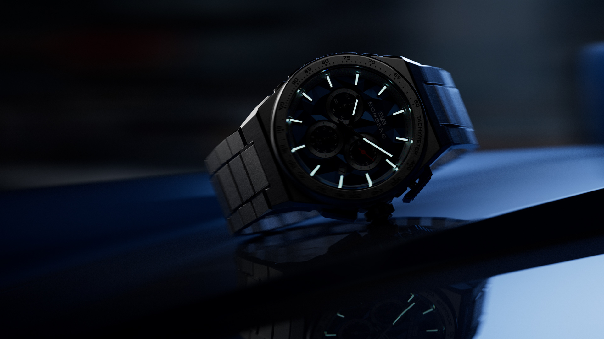 Bomberg, 炸彈錶,APEX 系列, APEX Pulse CB, 脈衝藍計時碼錶,賽車計時碼錶,NT42CHSS.02-3.12,一體式不鏽鋼鍊帶,Pulse-Cut Dial,立體切割面盤