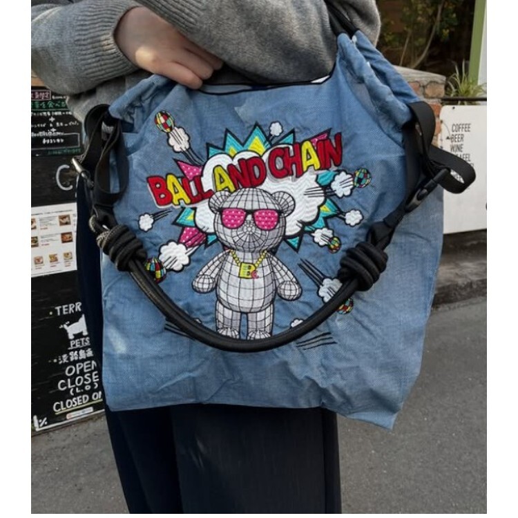 Ball＆Chain 刺繡環保購物袋 M號 - 丹寧藍 (30106977)