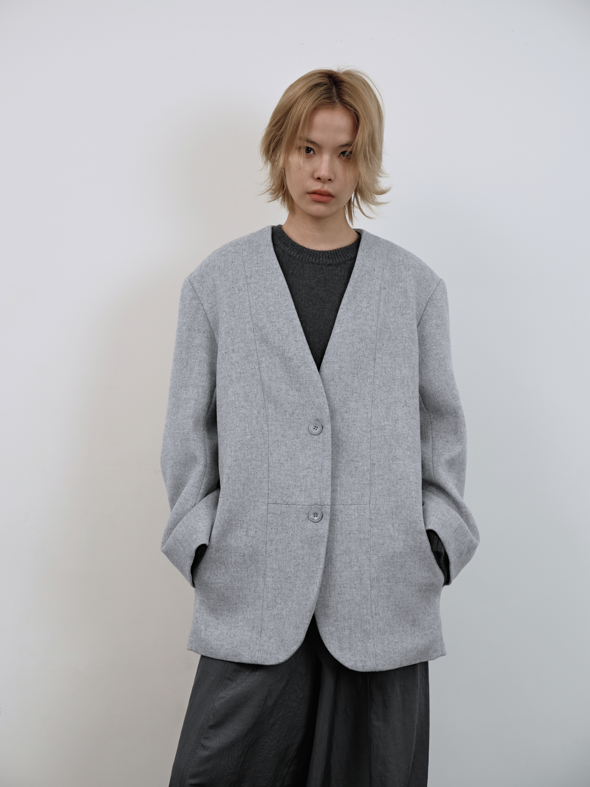 羊毛毛呢西裝外套-淺灰