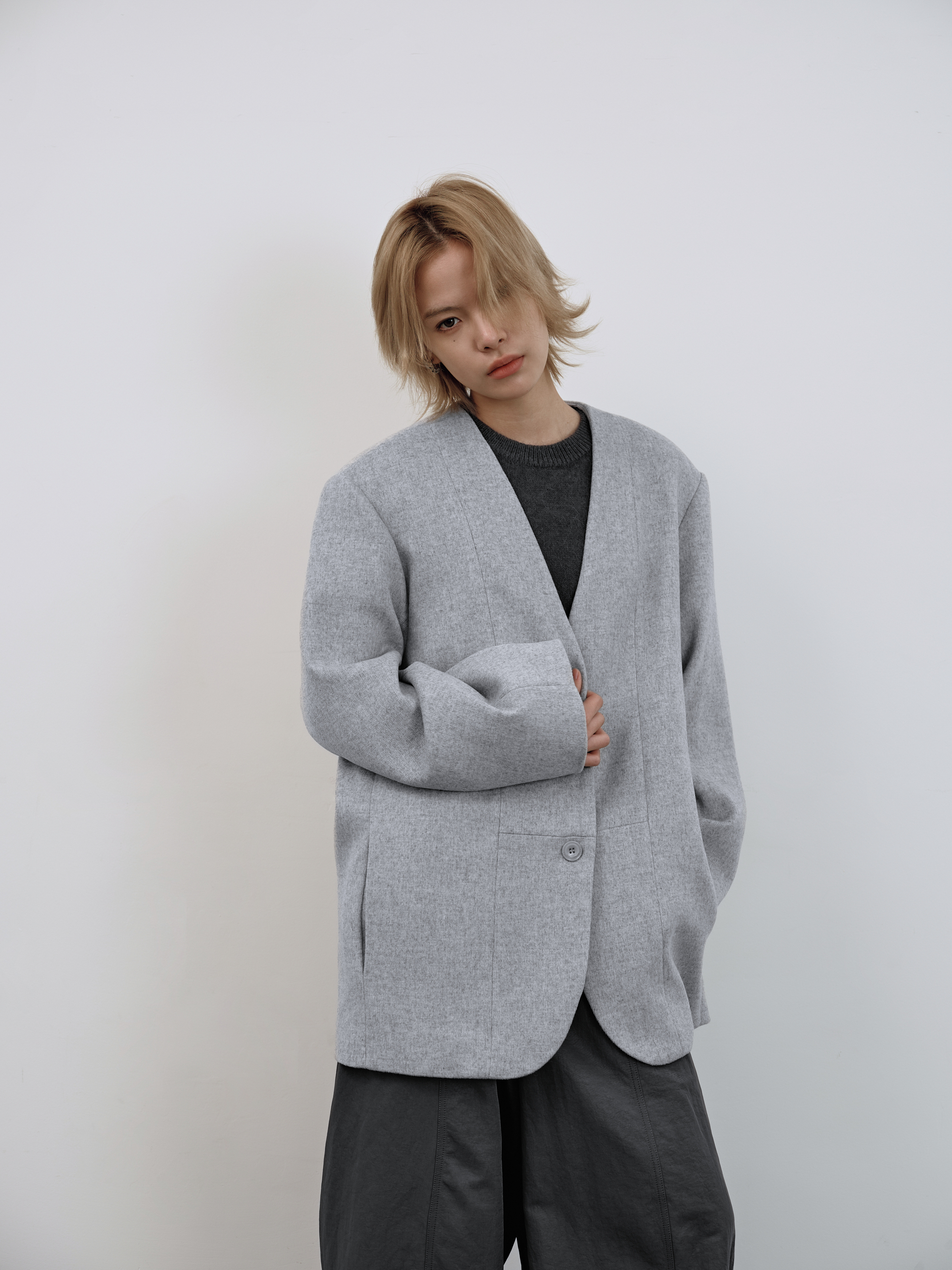 羊毛毛呢西裝外套-淺灰