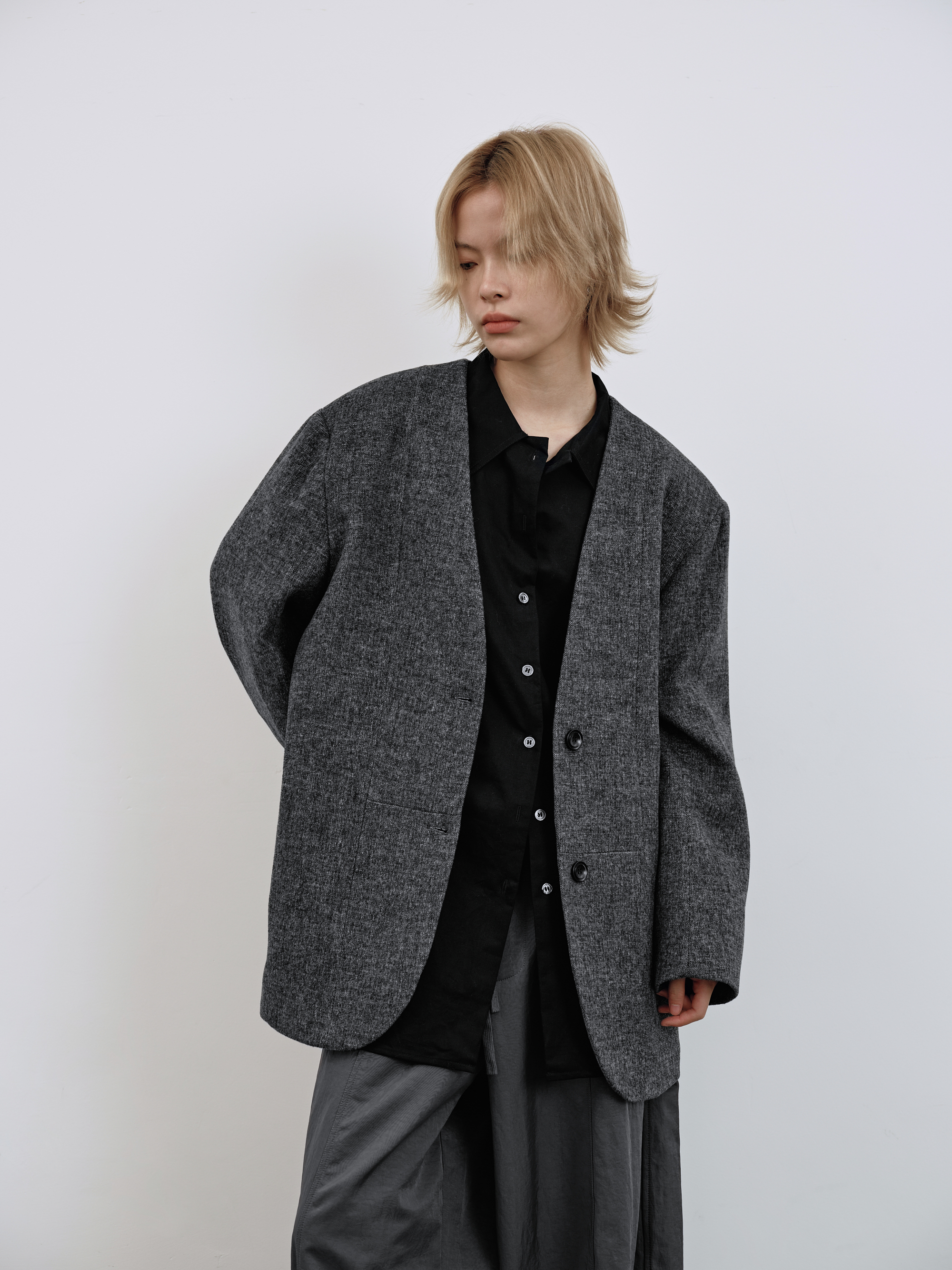 羊毛毛呢西裝外套-深灰