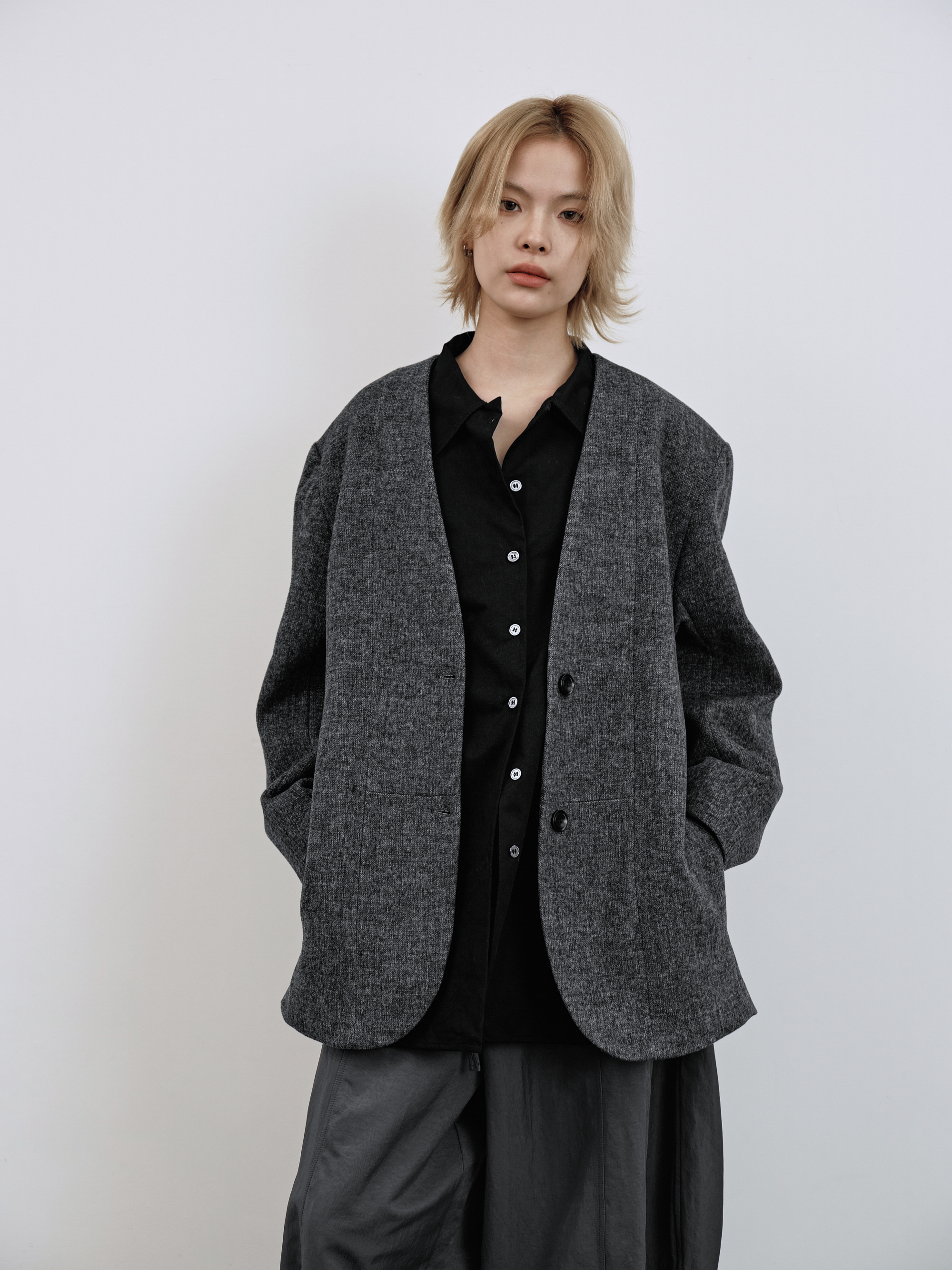 羊毛毛呢西裝外套-深灰