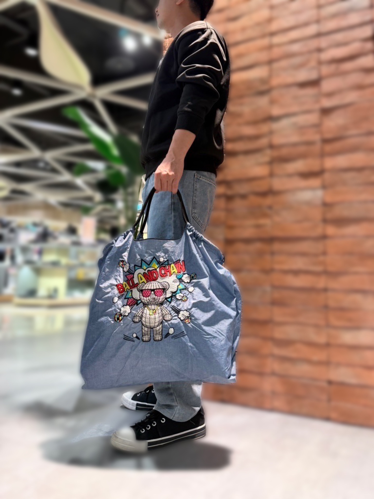 Ball＆Chain 刺繡環保購物袋 L號 - 丹寧藍 (30116977)