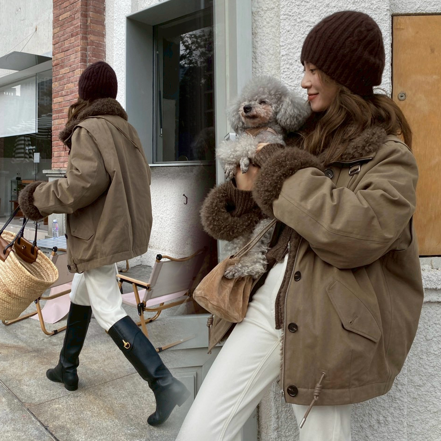 卡其綠QQ山羊絨毛領羽絨外套-S-L (Elegant & Love)