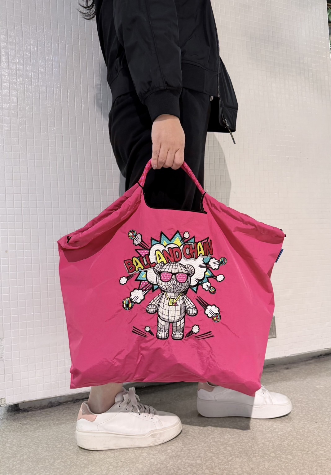 Ball＆Chain 刺繡環保購物袋 L號 - 桃紅 (30116909)