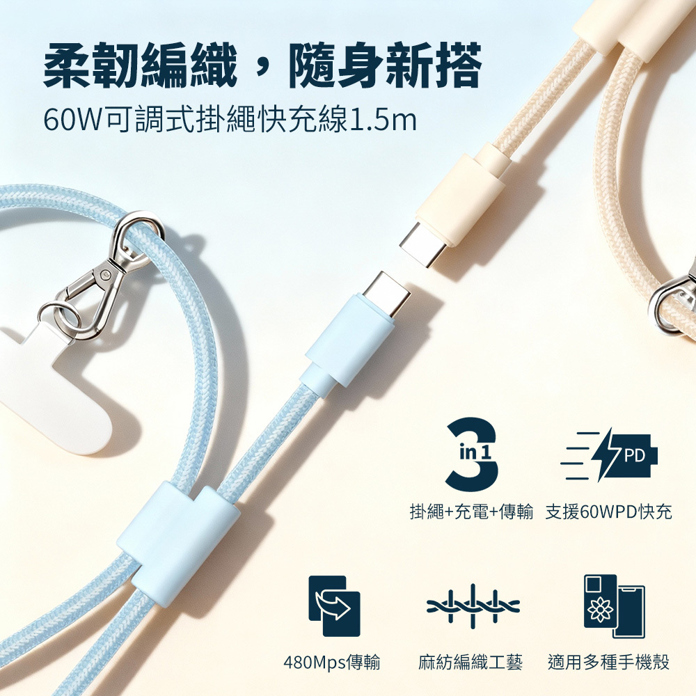 Glolux 60W Braided USB‑C Lanyard Fast‑Charge Cable – 1.5 m, Adjustable