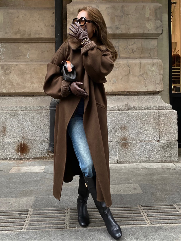 30%羊絨巧克力色圓領附綁帶長版大衣-S-L (Elegant & Love)