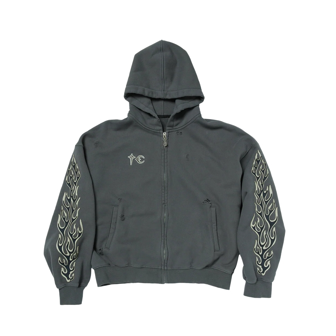 THUG CLUB LEATHER FLAME HOODED ZIP-UP