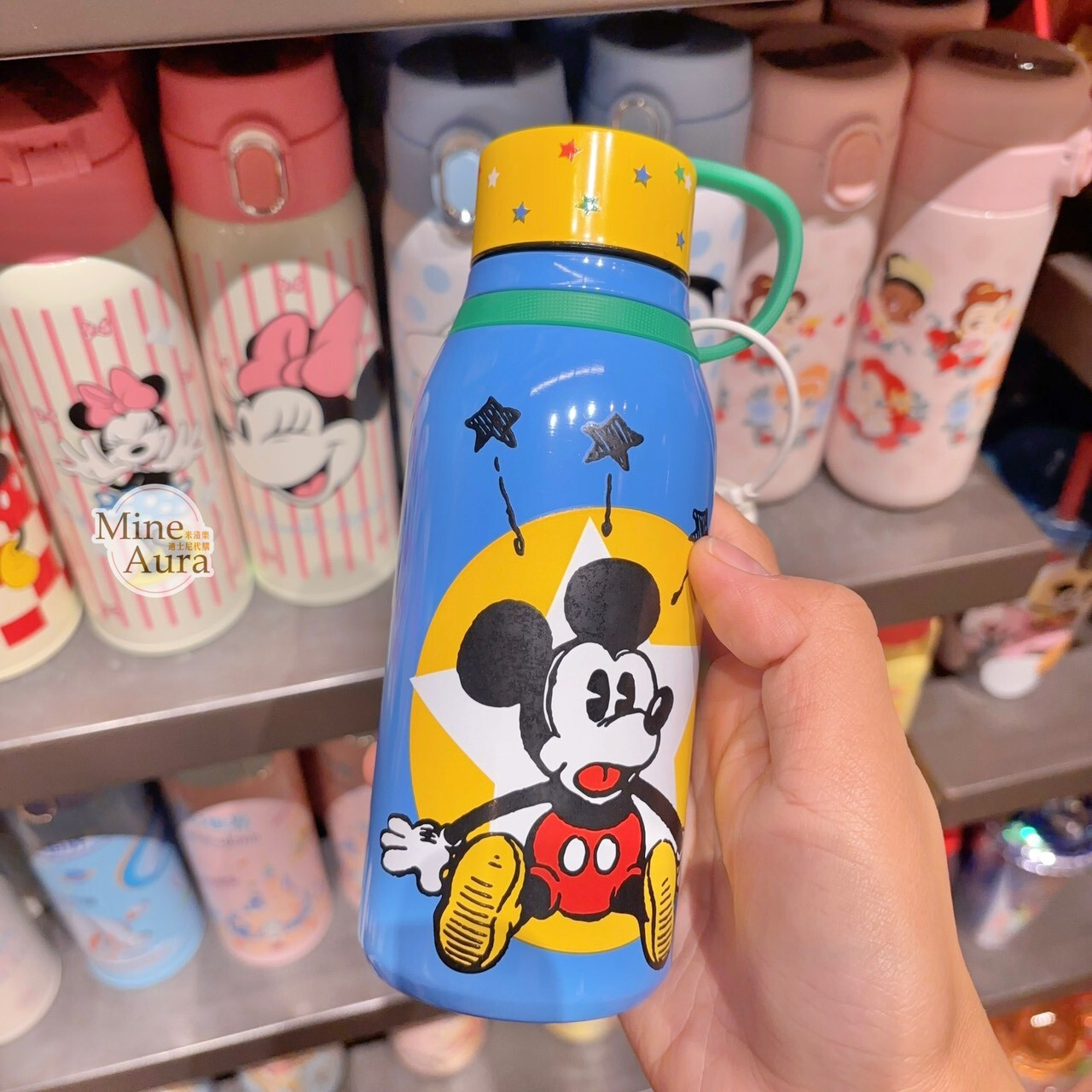 米奇 Mickey 圖案 黃色蓋子 藍色底 手提 水壺 -上海迪士尼樂園