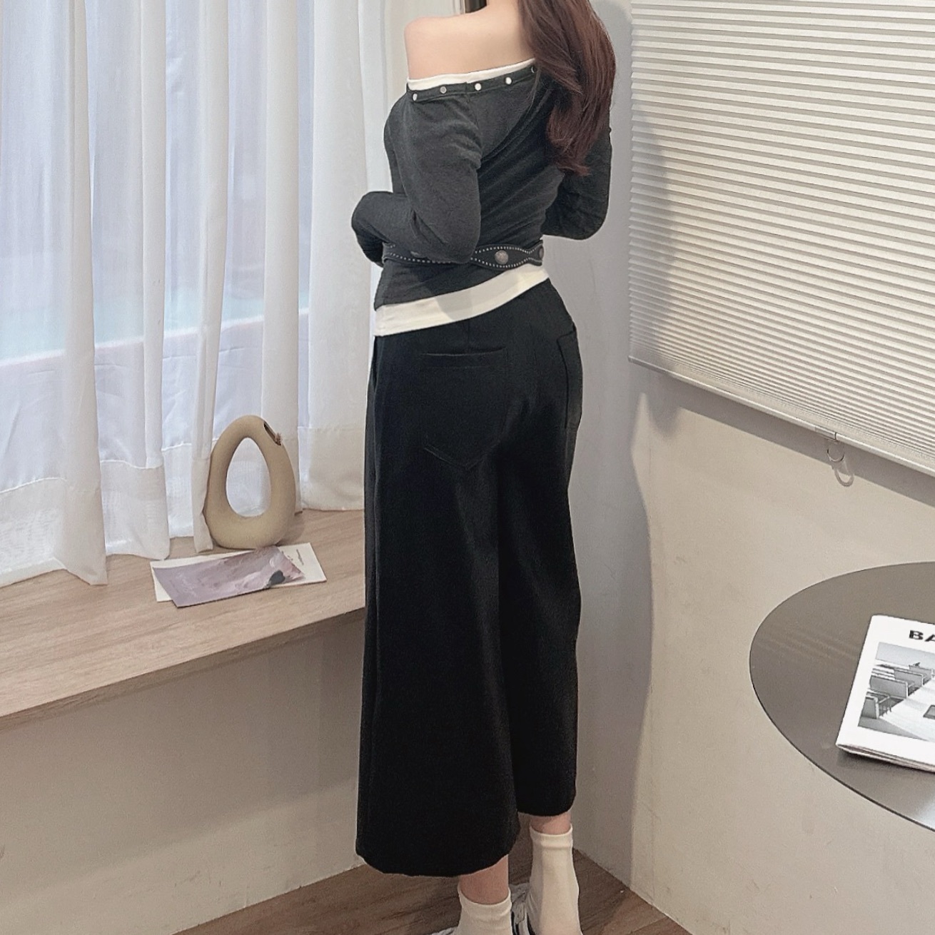 修身皮革七分褲/單一次