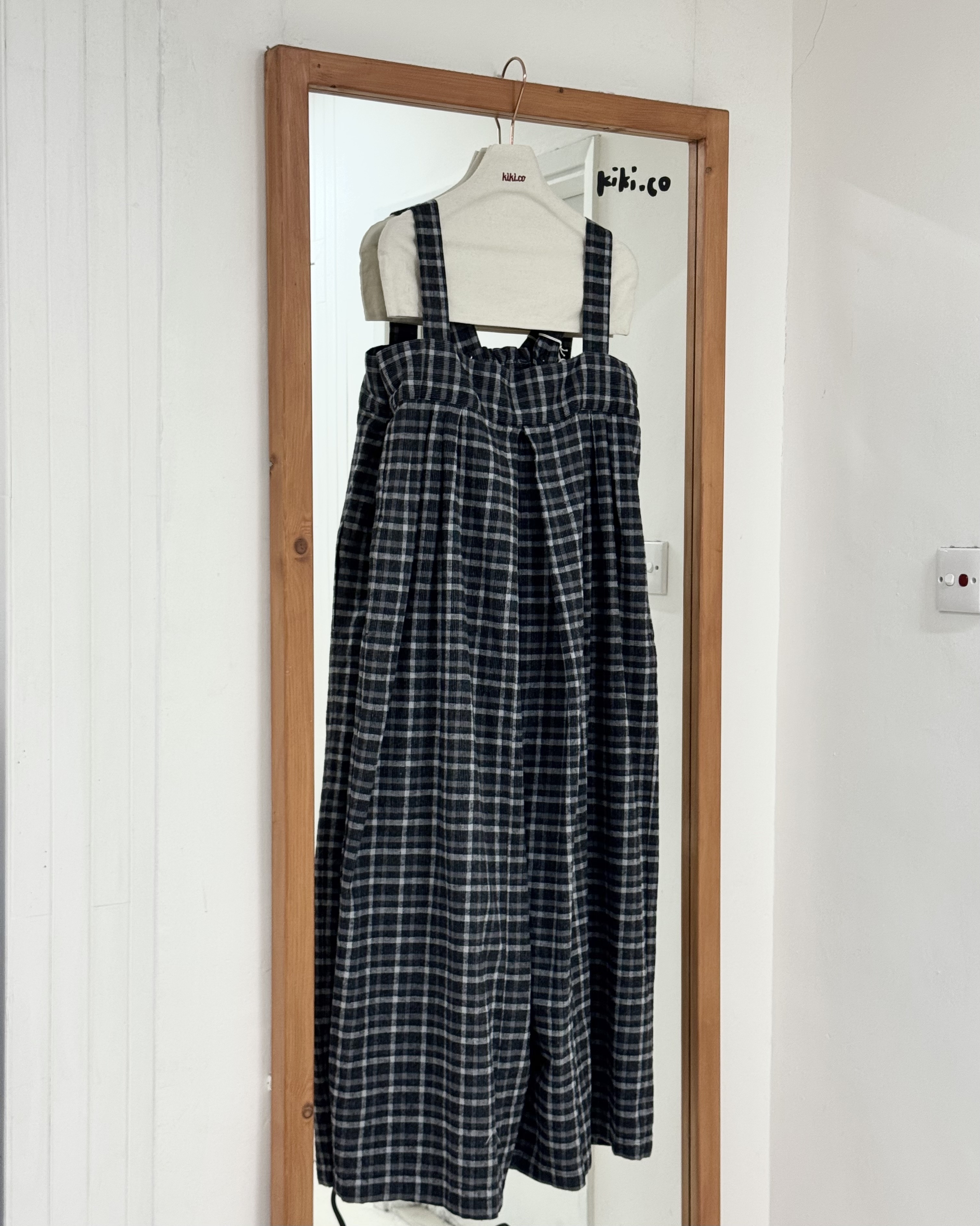 混色格平領可調吊帶工人闊褲