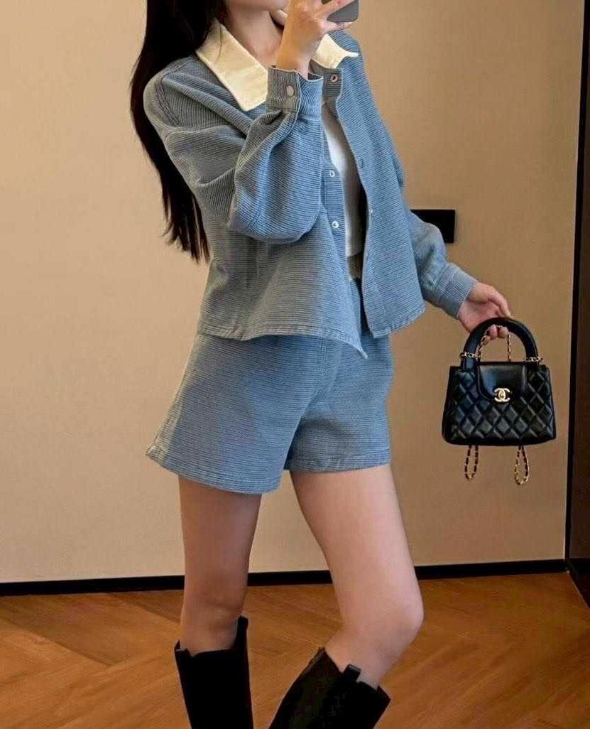 【時髦百搭的配色領牛仔針織套裝組】（現貨）