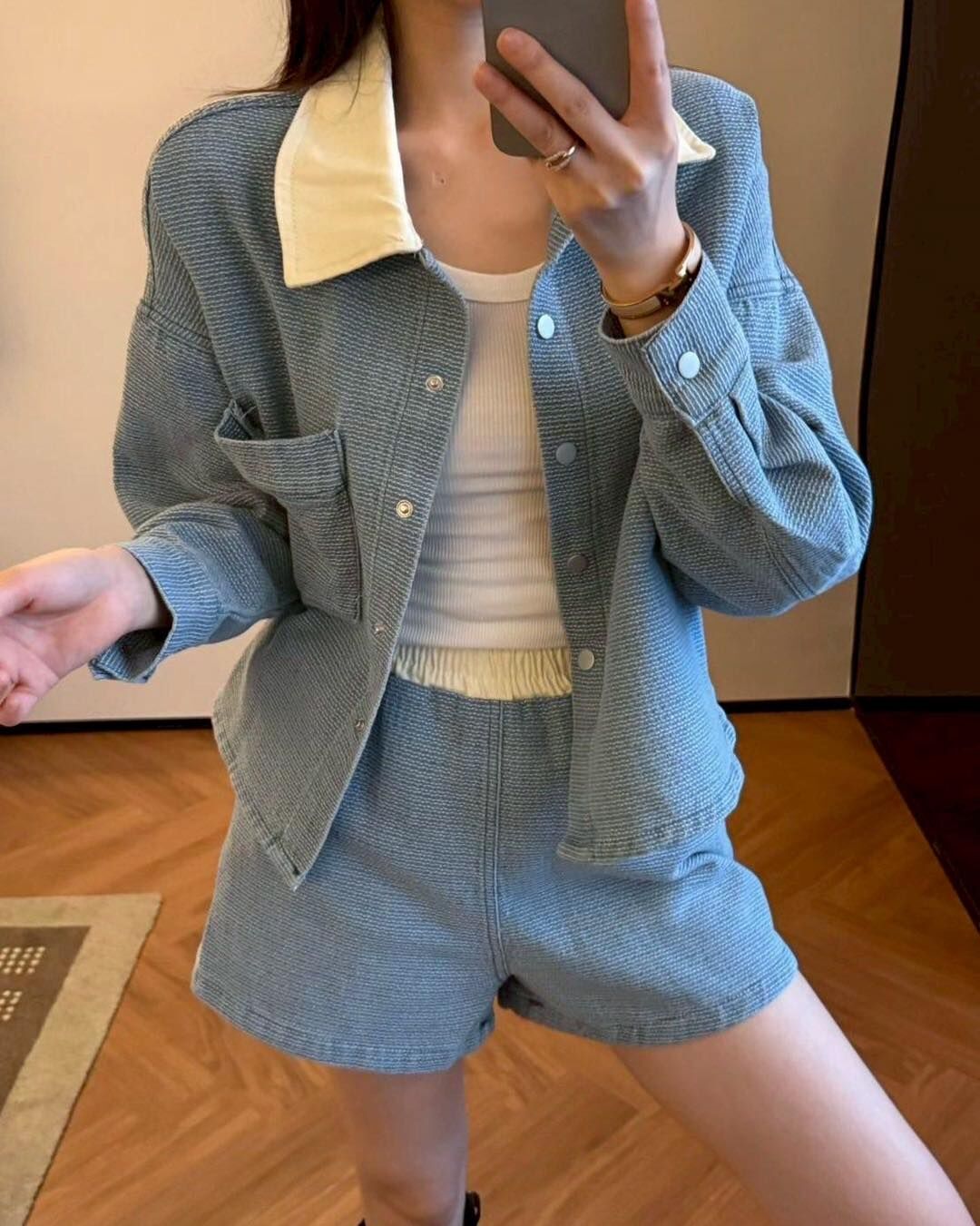 【時髦百搭的配色領牛仔針織套裝組】（現貨）