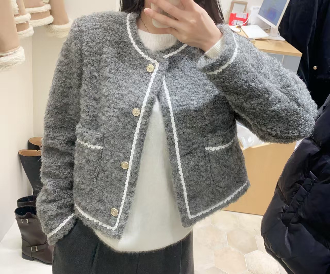 框線顆粒羊毛小香外套