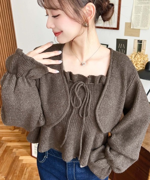 日本🇯🇵連線 Moment+ 抽繩緞帶吊帶背心+糖果袖短披肩套裝 針織 針織衫 套頭衫 長袖 4色(任買兩件711免運)/預購