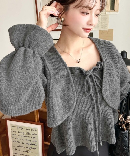 日本🇯🇵連線 Moment+ 抽繩緞帶吊帶背心+糖果袖短披肩套裝 針織 針織衫 套頭衫 長袖 4色(任買兩件711免運)/預購