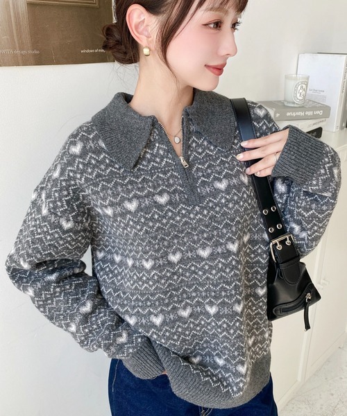 日本🇯🇵連線 Moment+ 北歐愛心緹花半拉鍊polo針織衫 緹花 愛心 針織 針織衫 套頭衫 長袖 4色(任買兩件711免運)/預購