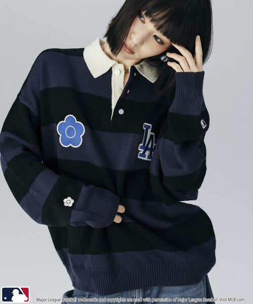 日本🇯🇵連線 MLB x MARY QUANT 橫條針織橄欖球Polo衫 隊徽 刺繡 休閒 毛衣 針織衫 長袖 oversized 寬鬆 3款(任買兩件711免運)/預購