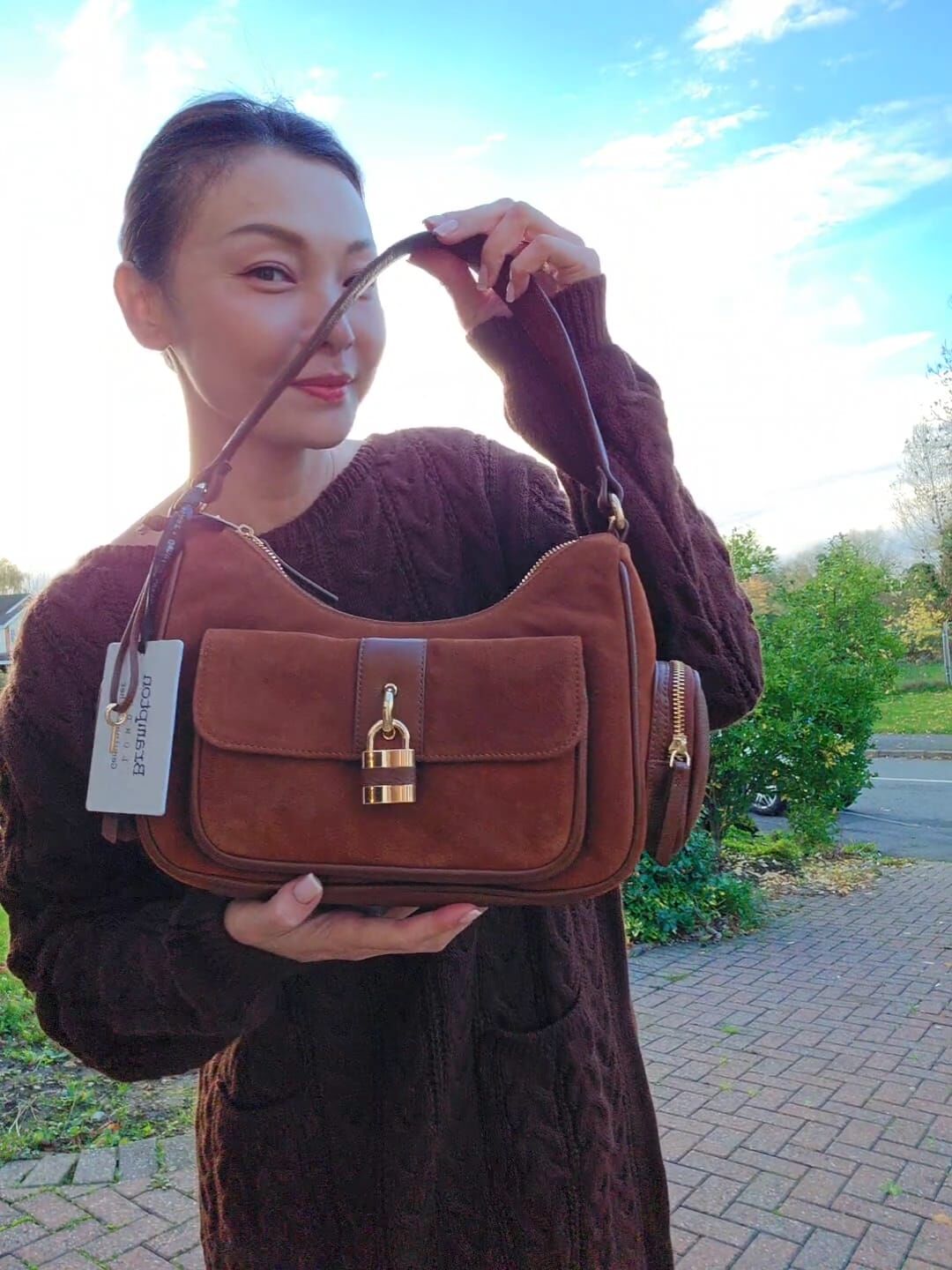 英國代購 (獨立訂單)-BRAMPTON #C Brown Suede Shoulder Bag