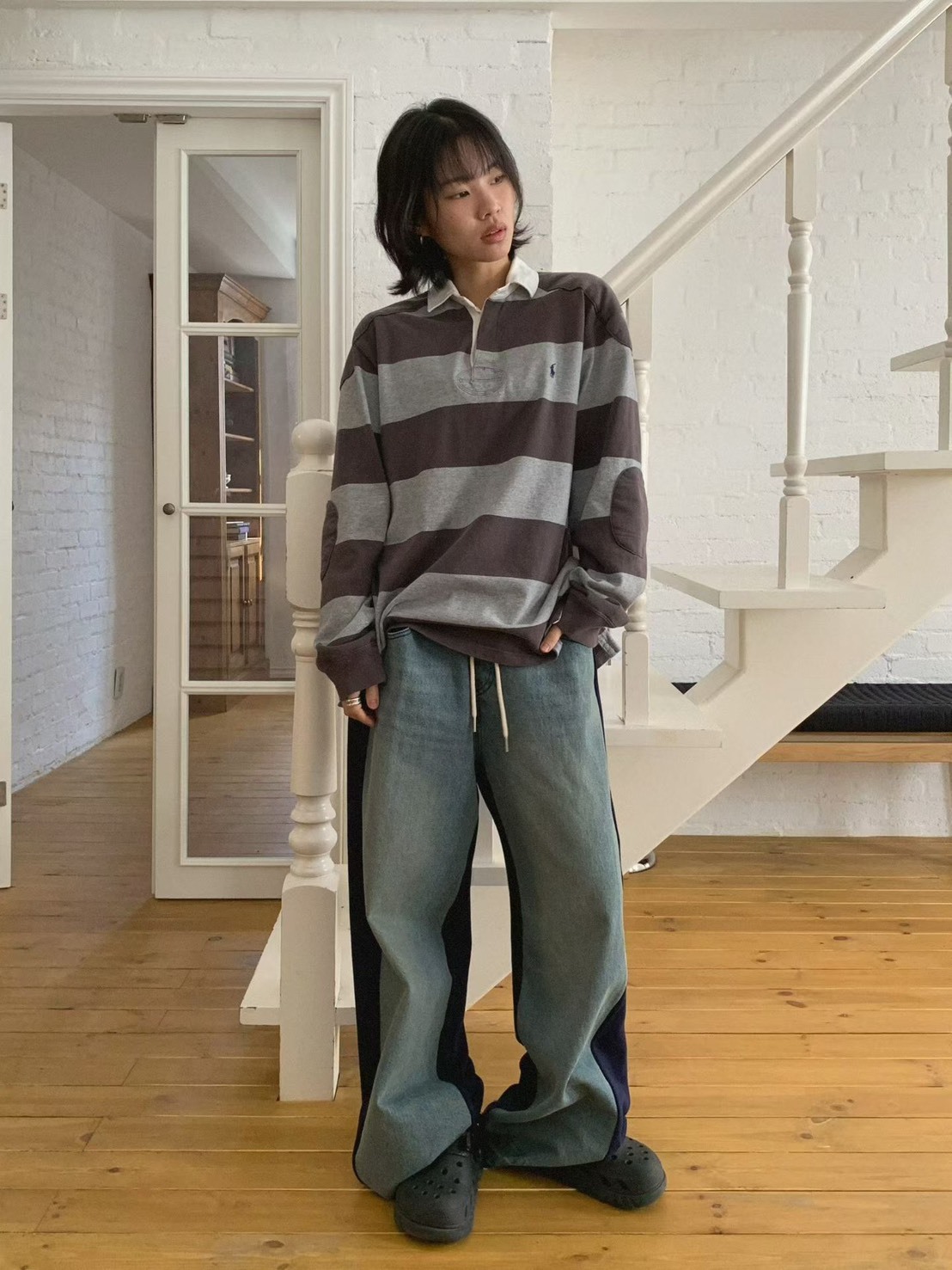 拼接牛仔抽繩長褲