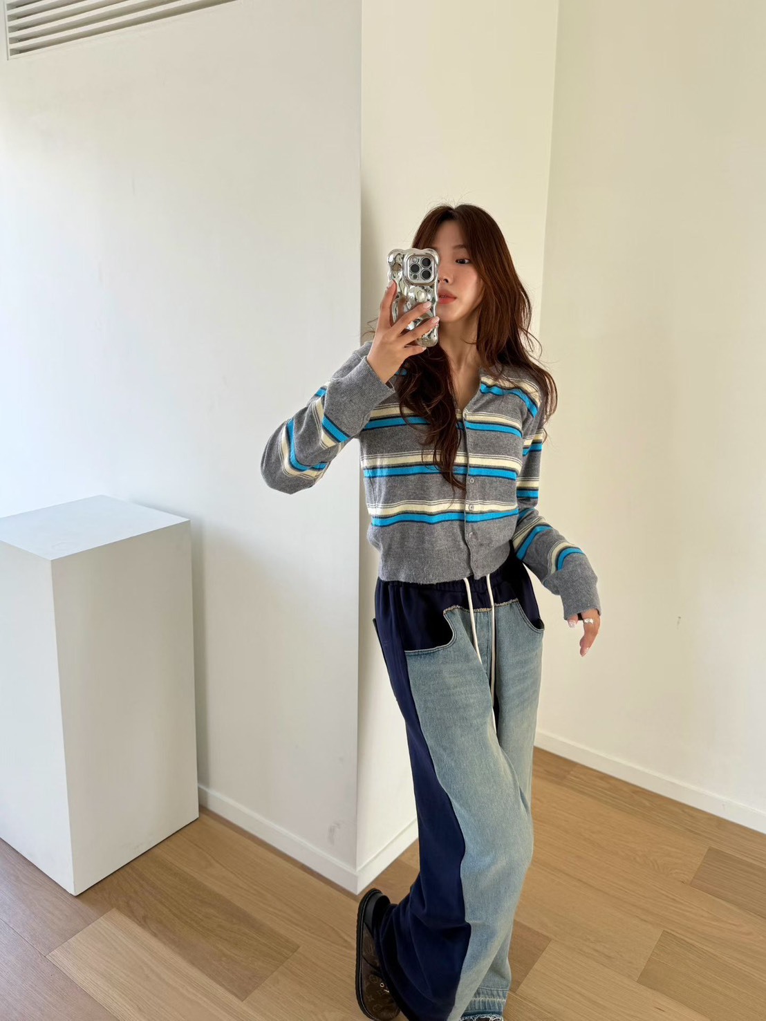 拼接牛仔抽繩長褲