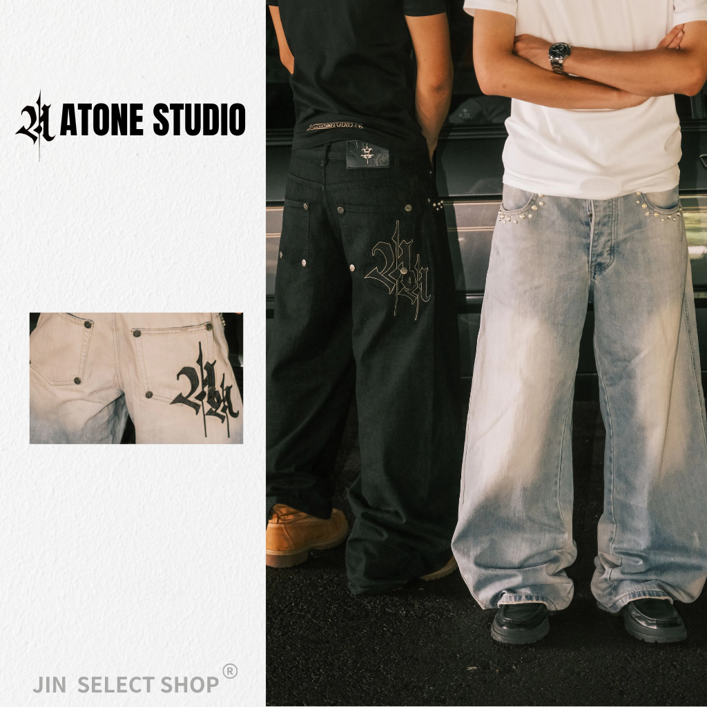 Atone studio 25ss JEANS 珍珠 十字架 彎刀 牛仔褲 彎刀褲 闊腿褲