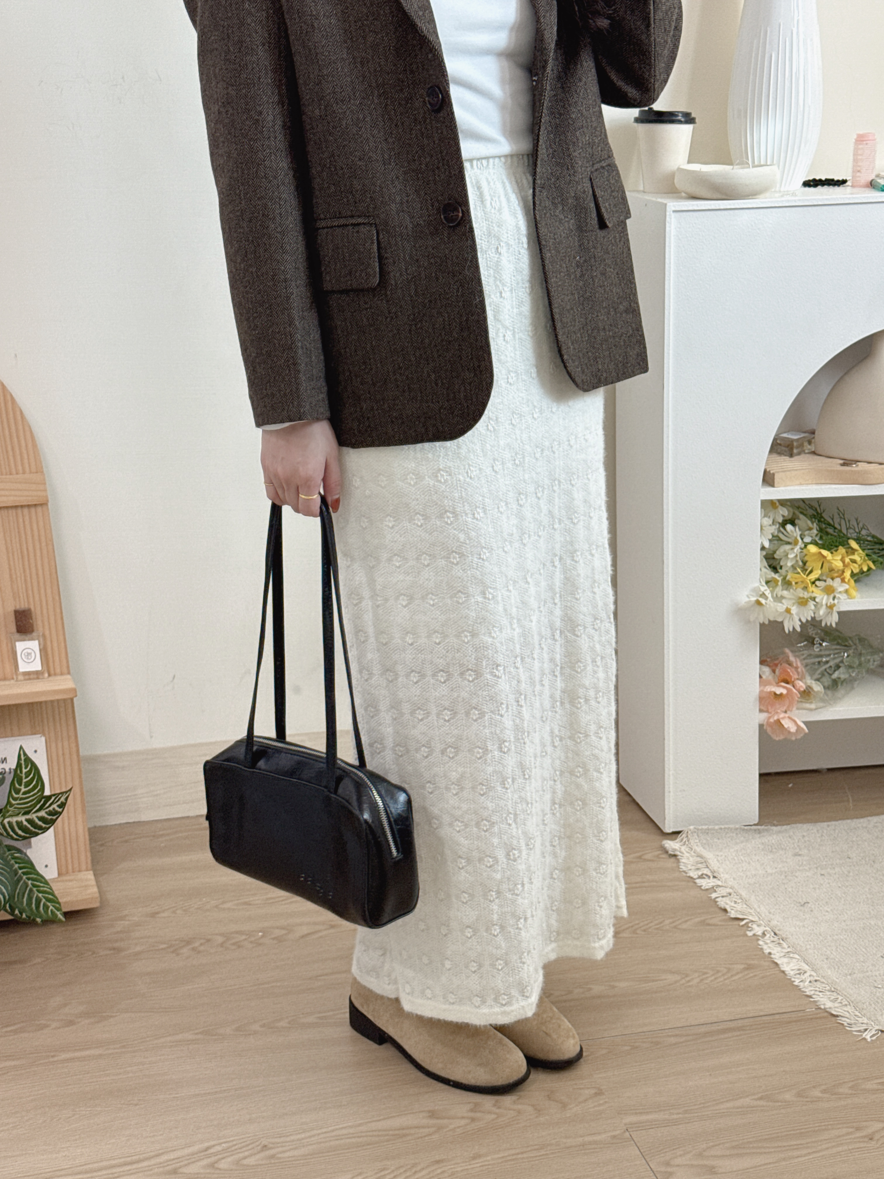 磨毛小花壓紋開衩長裙 2色