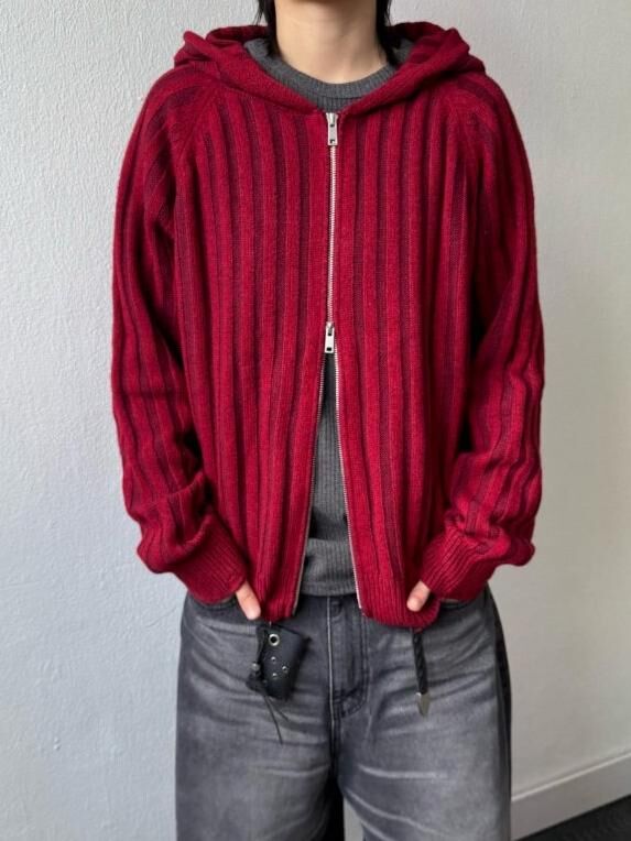 暗直紋拉鍊連帽針織外套 EARN-049JK