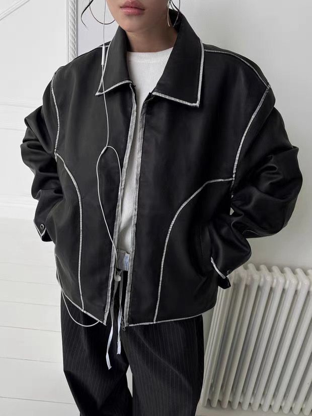 反領拉鍊合成皮褸 OUR ROOM-157JK